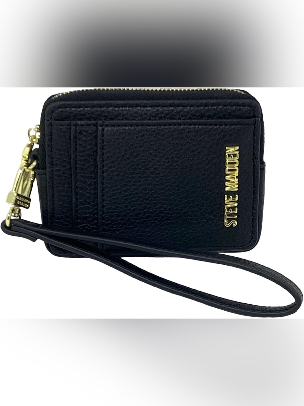 Steve Madden Black Leather Wristlet Card Holder with Gold Hardware